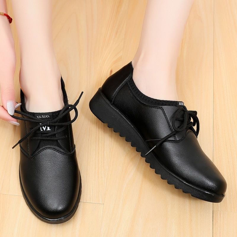 Solid Black Oxford Shoes Woman - Leather Work Flats Women review and price